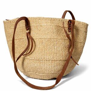 Natural Woven Straw Tote Bag with Leather Straps